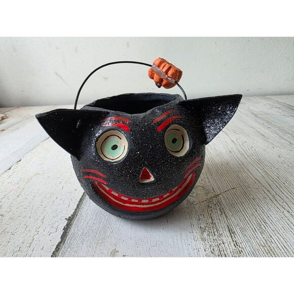 Vintage paper mache cat basket Halloween decor shabby chic glitter - Picture 1 of 9